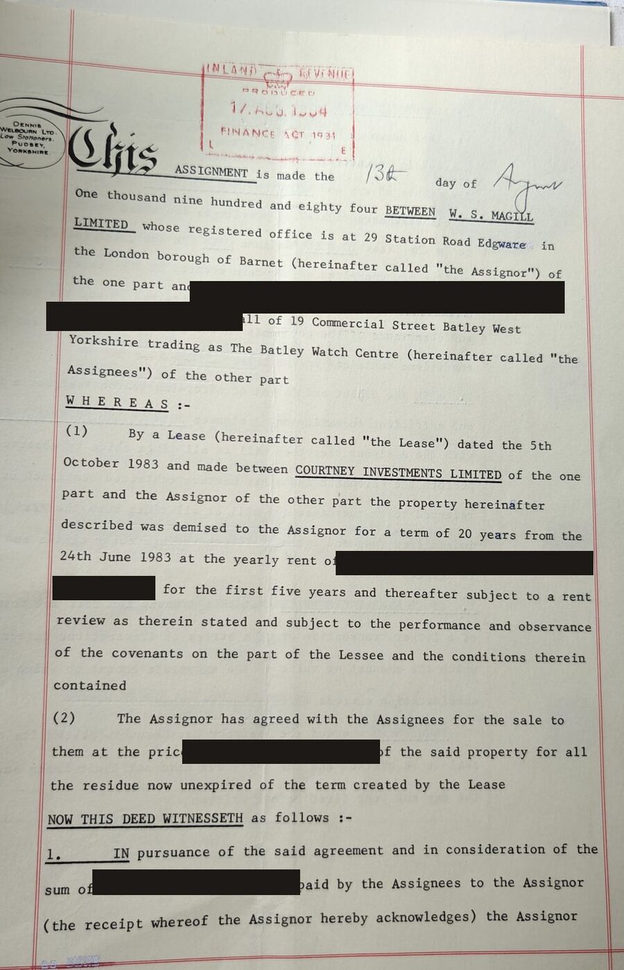 1984 assignment of 29 Station Road, Edgware, from W.S. Magill Limited