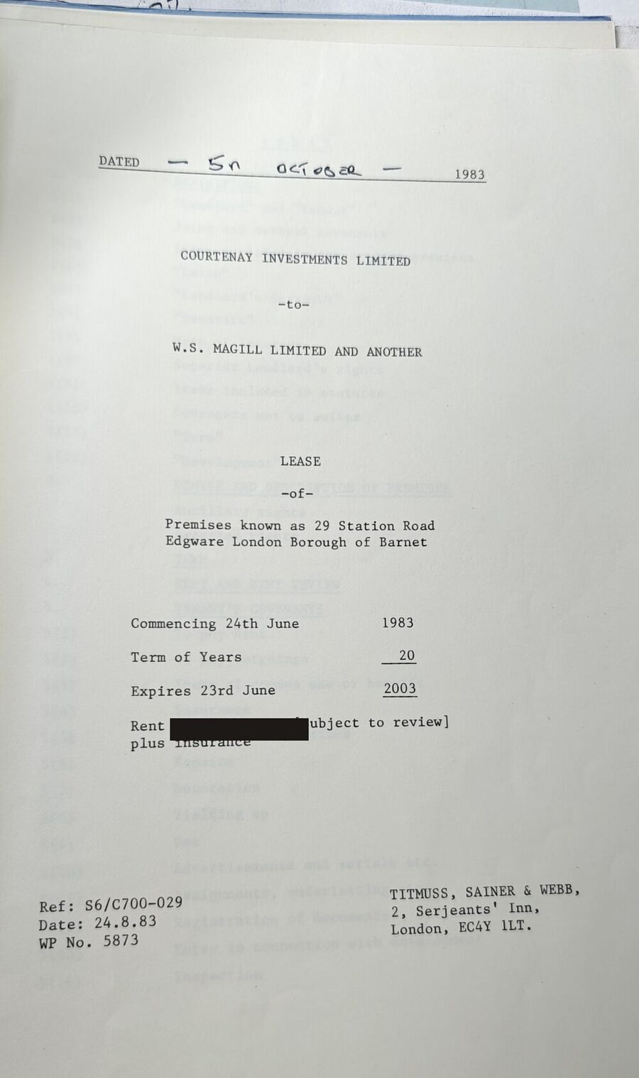 1983 lease of 29 Station Road, Edgware, to W.S. Magill Limited