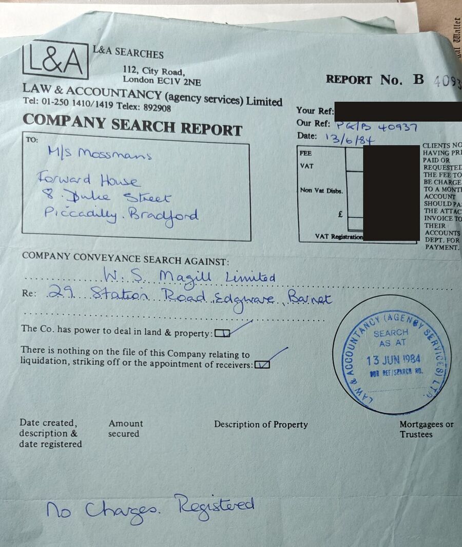 1984 company search naming W.S. Magill Limited at 29 Station Road, Edgware