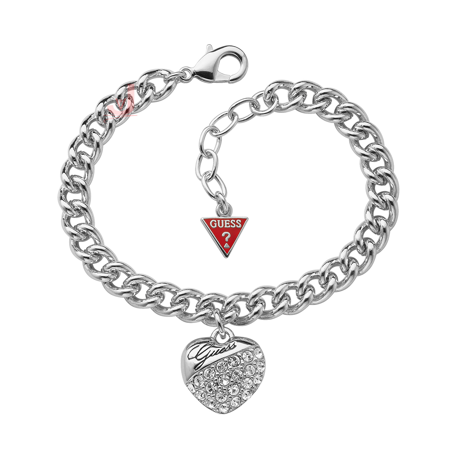 GUESS Silver-Tone Pavé Logo Heart Link Bracelet - Macy's